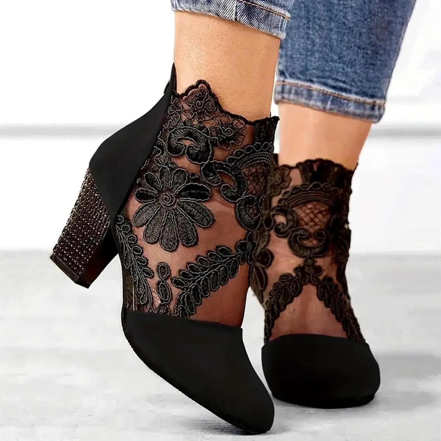 Women's Flowers Lace Fish Mouth Open Toe High Heels Sandals Back Zipper Chunky Heel Summer Dress Shoes Floral & Lace Mesh Breathable Shoes