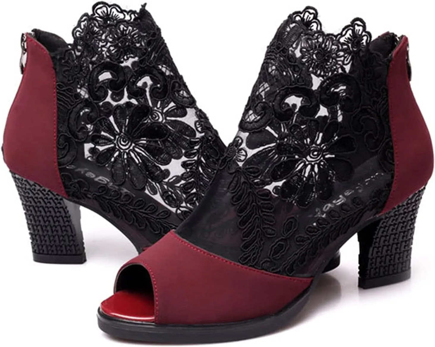 Women's Flowers Lace Fish Mouth Open Toe High Heels Sandals with Back Zipper Cutout Breathable Non-Slip Block Heeled Ankle Bootie Sandals Fashion Wedding Party Dress Shoes