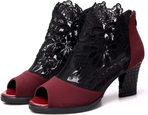 Women's Flowers Lace Fish Mouth Open Toe High Heels Sandals with Back Zipper Cutout Breathable Non-Slip Block Heeled Ankle Bootie Sandals Fashion Wedding Party Dress Shoes