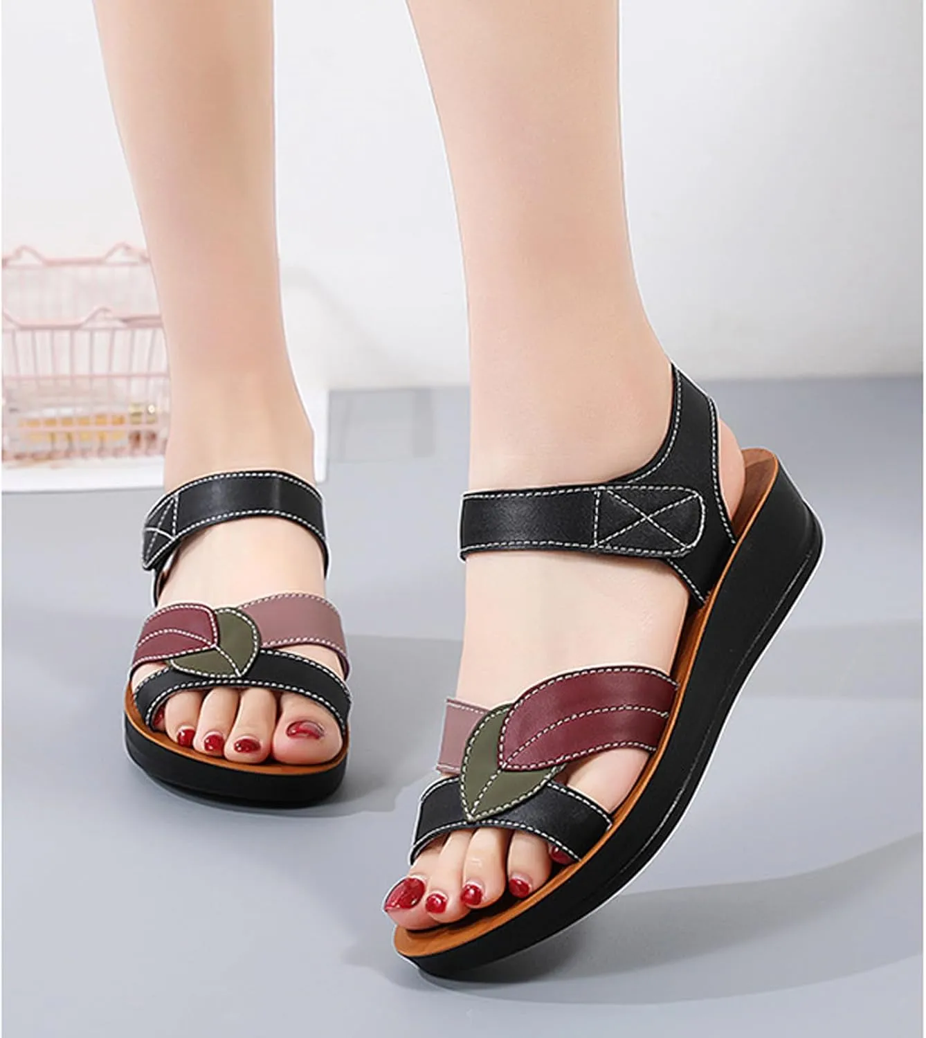 Women's Genuine Leather Fashionable Leaf Cross Strap Arch Support Sandals Comfortable Adjust Hook and Loop Thick Sole Sandals Summer Wedge Beach Walking Shoes