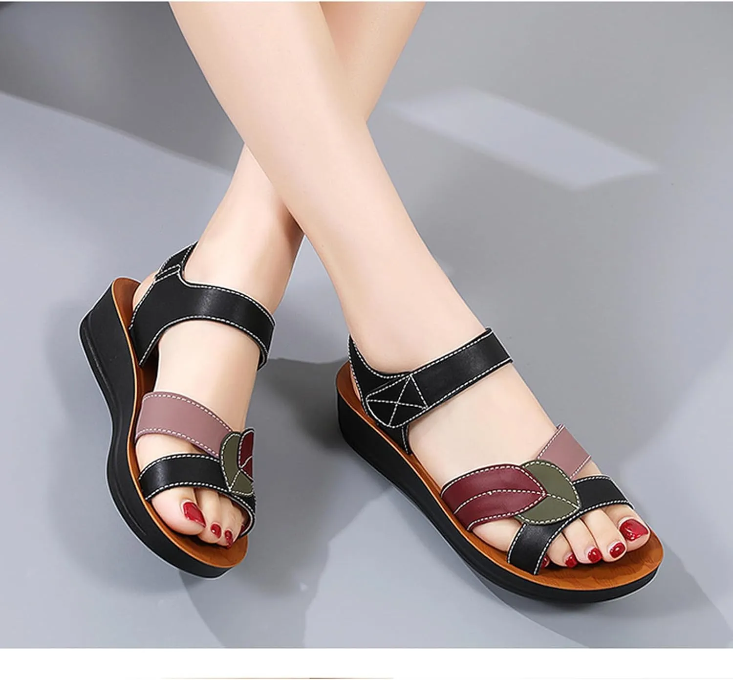 Women's Genuine Leather Fashionable Leaf Cross Strap Arch Support Sandals Comfortable Adjust Hook and Loop Thick Sole Sandals Summer Wedge Beach Walking Shoes