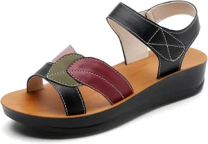 Women's Genuine Leather Fashionable Leaf Cross Strap Arch Support Sandals Comfortable Adjust Hook and Loop Thick Sole Sandals Summer Wedge Beach Walking Shoes