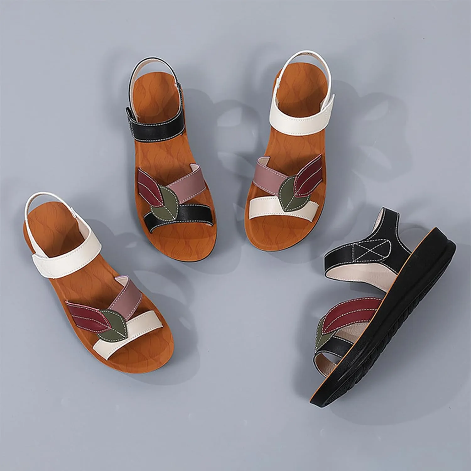 Women's Genuine Leather Fashionable Leaf Cross Strap Arch Support Sandals Comfortable Adjust Hook and Loop Thick Sole Sandals Summer Wedge Beach Walking Shoes
