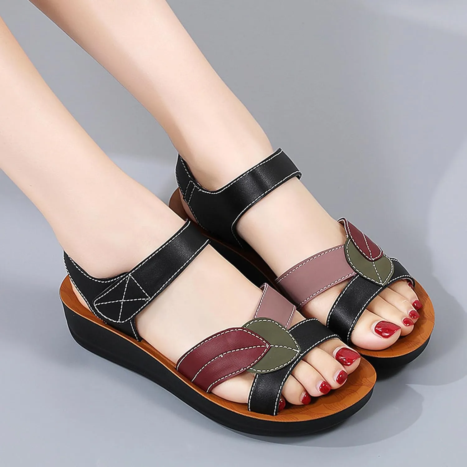 Women's Genuine Leather Fashionable Leaf Cross Strap Arch Support Sandals Comfortable Adjust Hook and Loop Thick Sole Sandals Summer Wedge Beach Walking Shoes