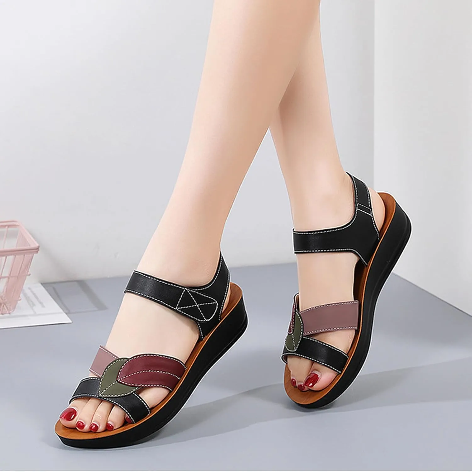 Women's Genuine Leather Fashionable Leaf Cross Strap Arch Support Sandals Comfortable Adjust Hook and Loop Thick Sole Sandals Summer Wedge Beach Walking Shoes