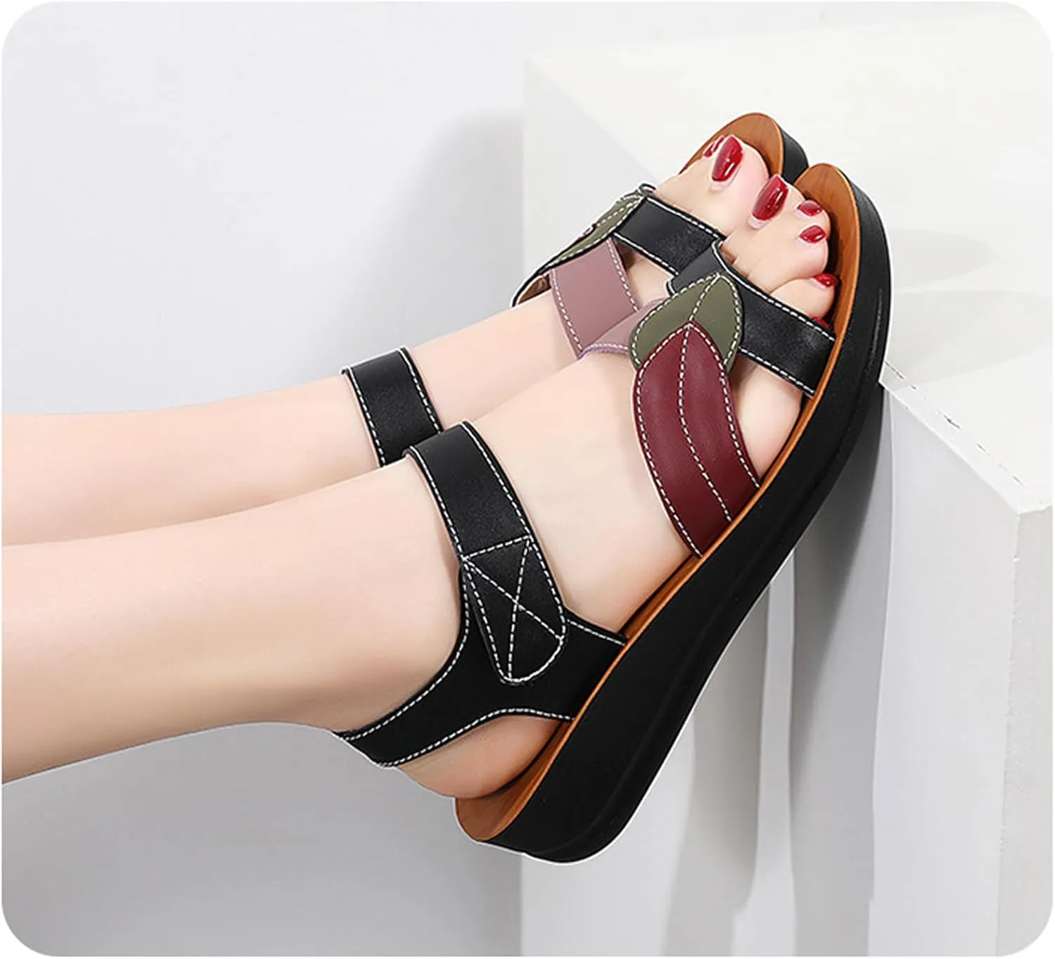 Women's Genuine Leather Fashionable Leaf Cross Strap Arch Support Sandals Comfortable Adjust Hook and Loop Thick Sole Sandals Summer Wedge Beach Walking Shoes