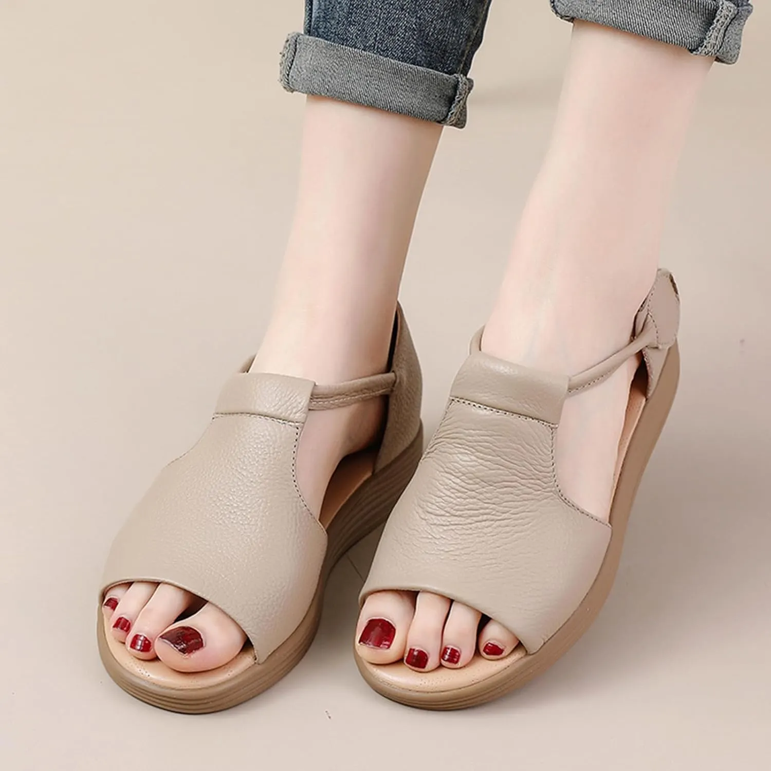 Women's Genuine Leather Fish Mouth Wedge Sandals Sexy Open Toe Hook Loop Breathable Roman Sandals Summer Party Dress Sandals