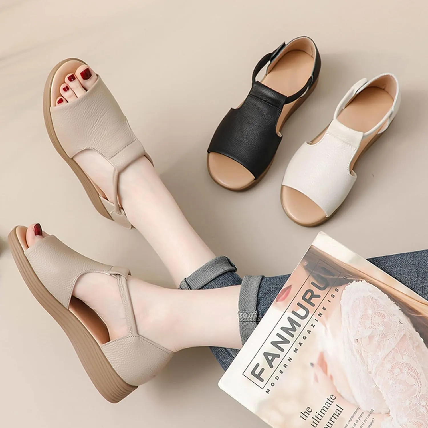 Women's Genuine Leather Fish Mouth Wedge Sandals Sexy Open Toe Hook Loop Breathable Roman Sandals Summer Party Dress Sandals
