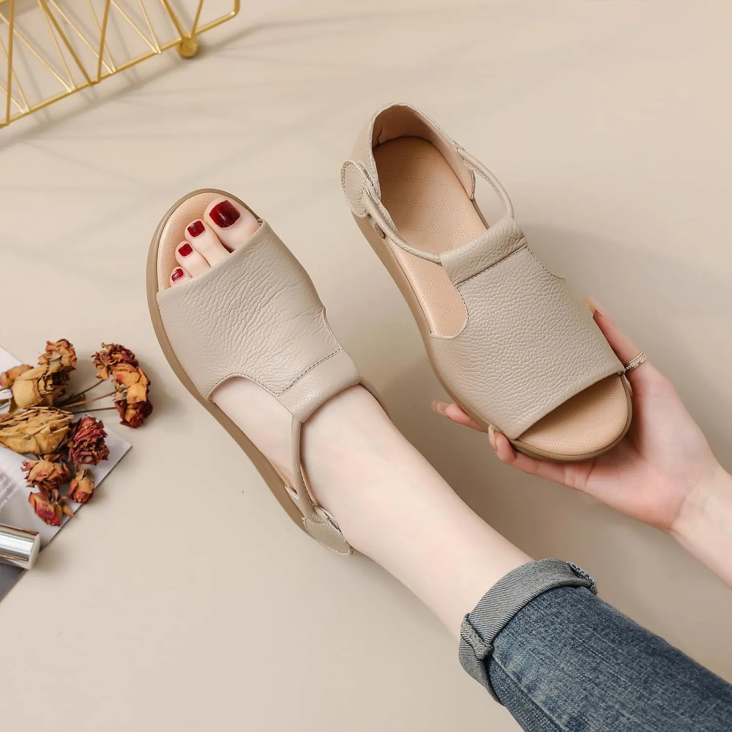 Women's Genuine Leather Fish Mouth Wedge Sandals Sexy Open Toe Hook Loop Breathable Roman Sandals Summer Party Dress Sandals
