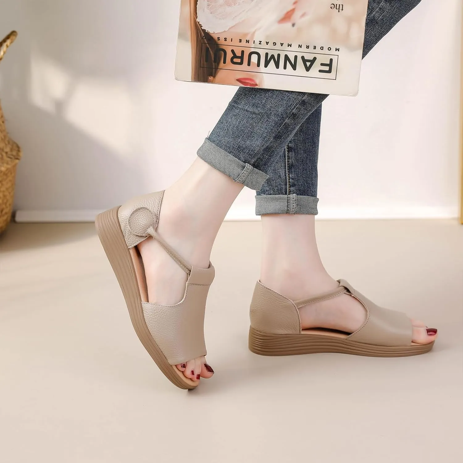 Women's Genuine Leather Fish Mouth Wedge Sandals Sexy Open Toe Hook Loop Breathable Roman Sandals Summer Party Dress Sandals