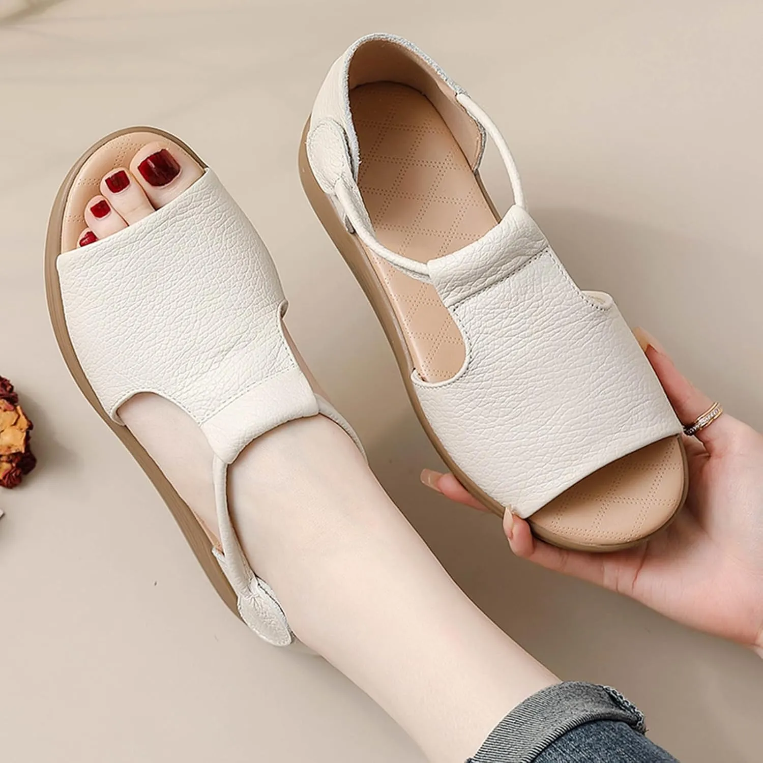 Women's Genuine Leather Fish Mouth Wedge Sandals Sexy Open Toe Hook Loop Breathable Roman Sandals Summer Party Dress Sandals
