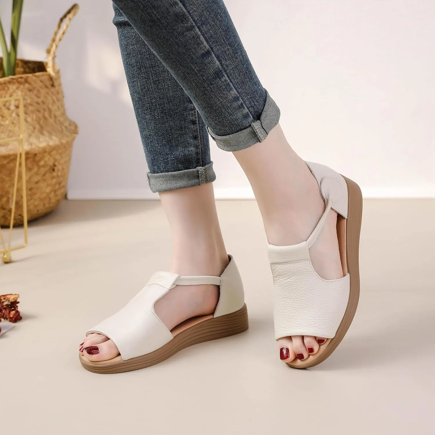 Women's Genuine Leather Fish Mouth Wedge Sandals Sexy Open Toe Hook Loop Breathable Roman Sandals Summer Party Dress Sandals