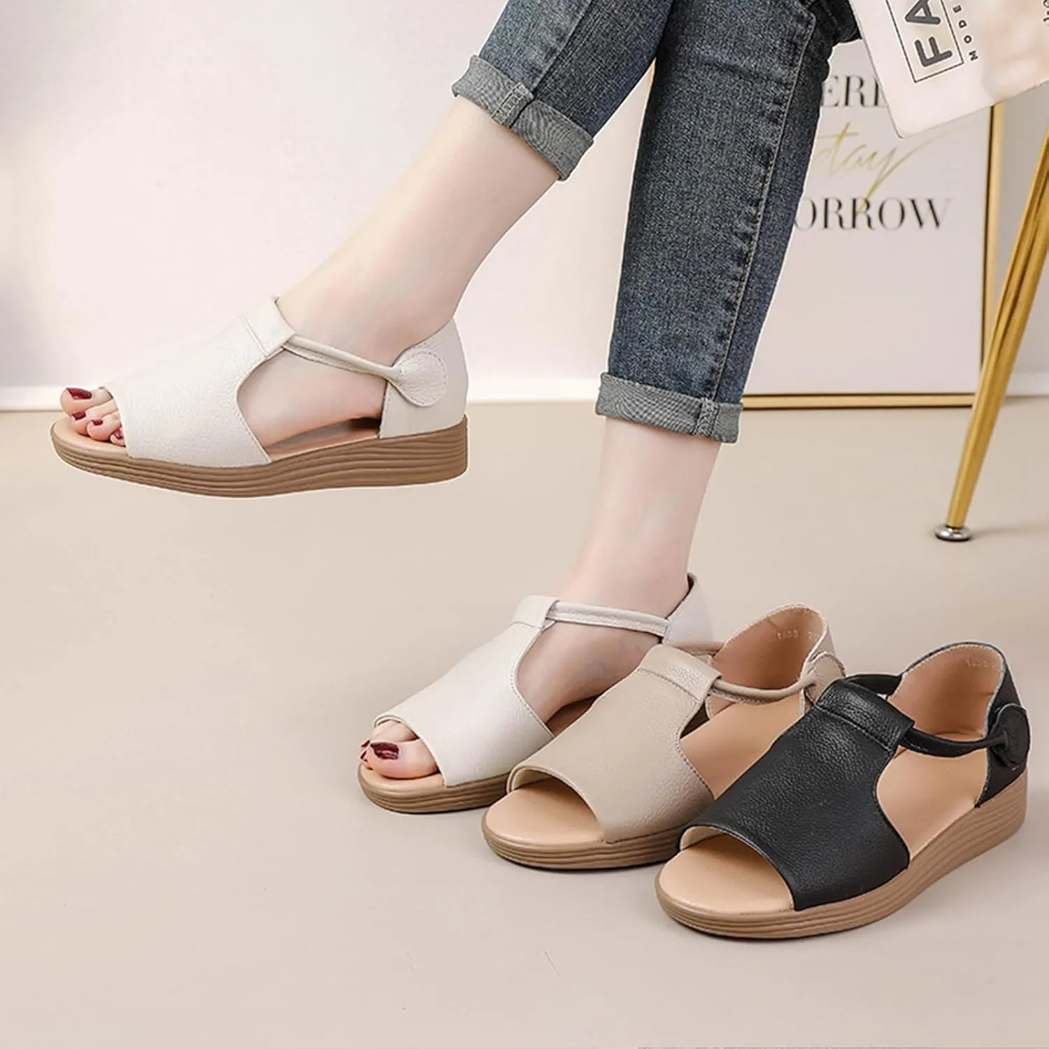 Women's Genuine Leather Fish Mouth Wedge Sandals Sexy Open Toe Hook Loop Breathable Roman Sandals Summer Party Dress Sandals