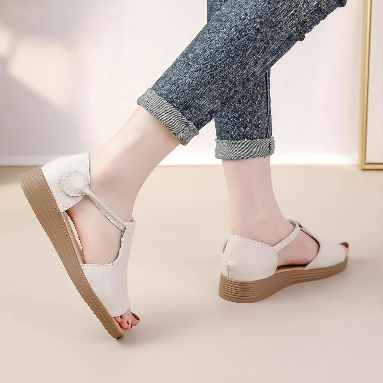 Women's Genuine Leather Fish Mouth Wedge Sandals Sexy Open Toe Hook Loop Breathable Roman Sandals Summer Party Dress Sandals