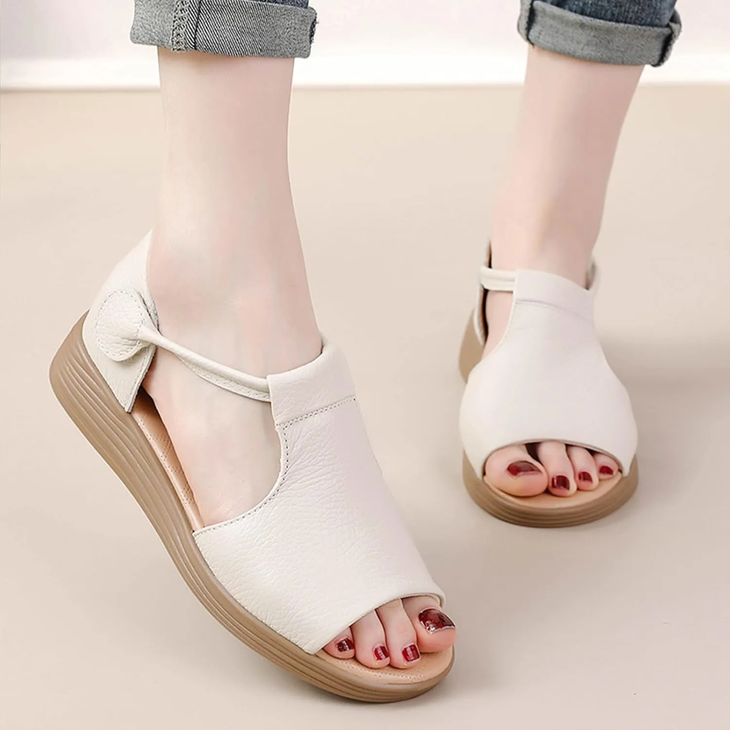 Women's Genuine Leather Fish Mouth Wedge Sandals Sexy Open Toe Hook Loop Breathable Roman Sandals Summer Party Dress Sandals