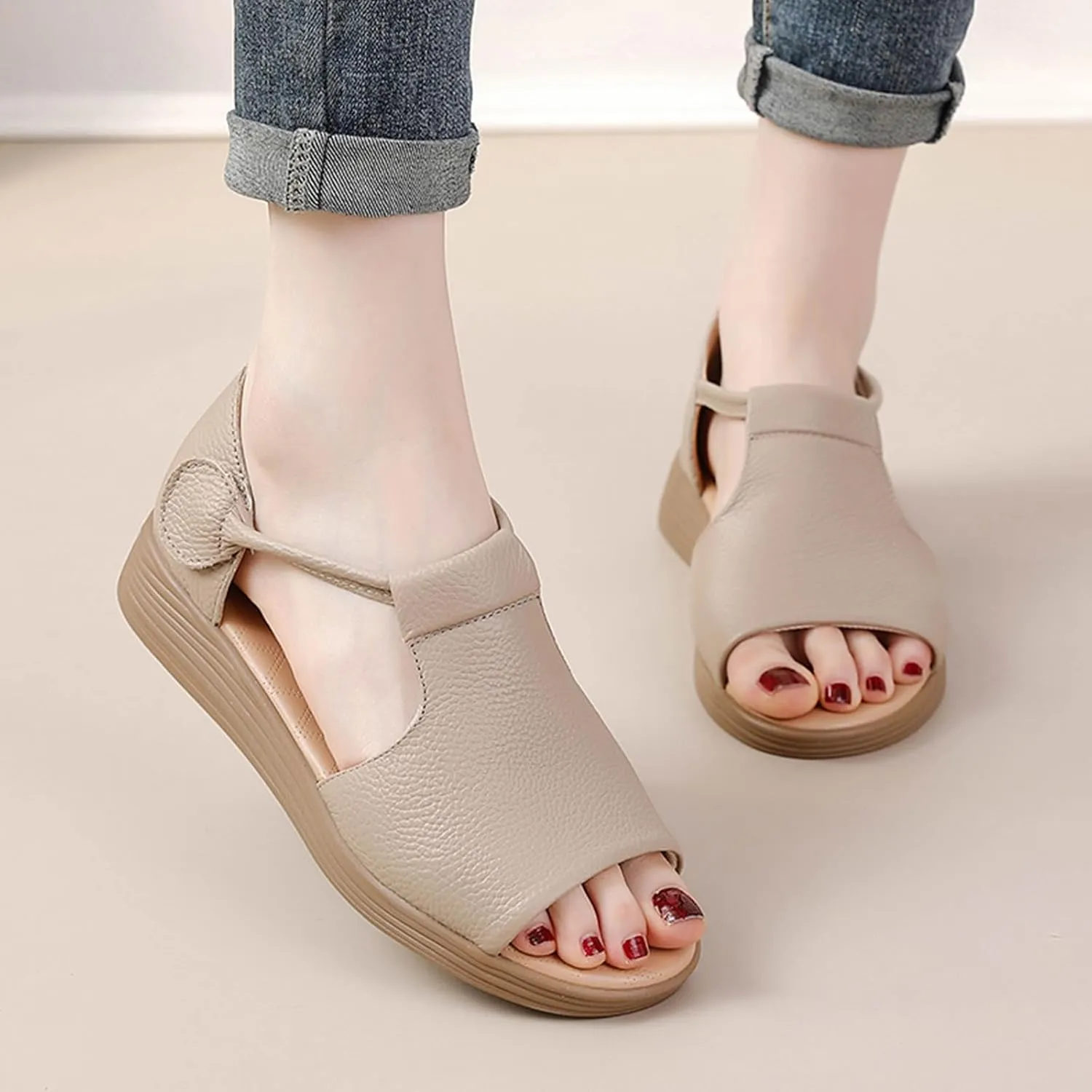 Women's Genuine Leather Fish Mouth Wedge Sandals Sexy Open Toe Hook Loop Breathable Roman Sandals Summer Party Dress Sandals