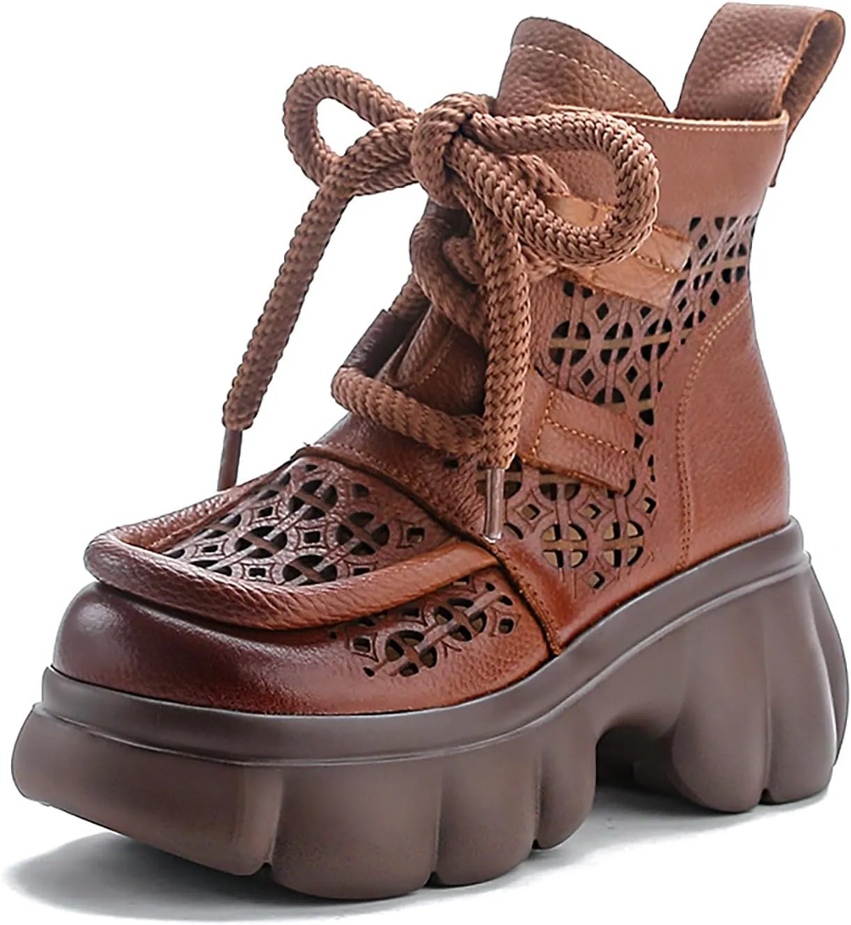 Women's Genuine Leather Lace Up Platform Gladiator Sandals With Side Zipper Comfortable Breathable Closed Toe Lug Sole Chunky Heel Summer Hollow Y2K Ankle Boots