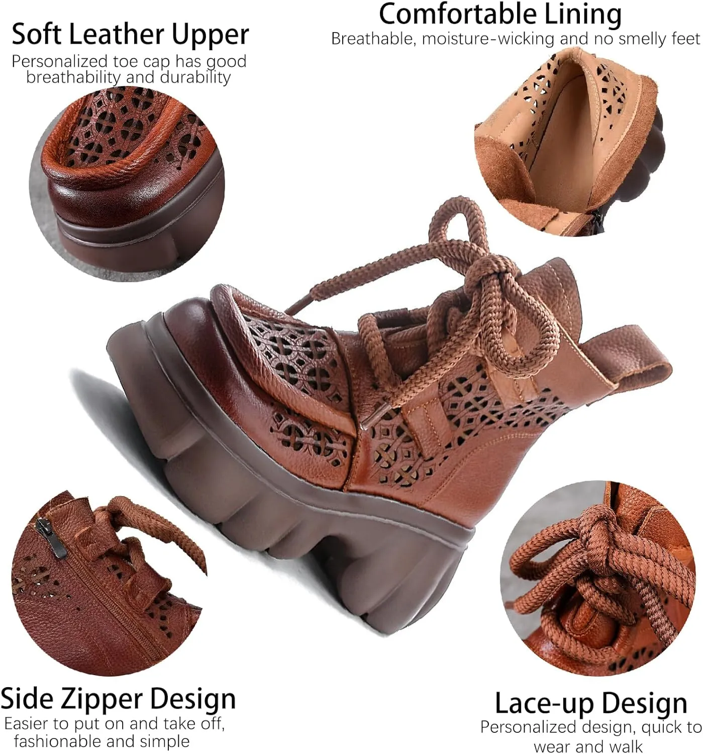 Women's Genuine Leather Lace Up Platform Gladiator Sandals With Side Zipper Comfortable Breathable Closed Toe Lug Sole Chunky Heel Summer Hollow Y2K Ankle Boots