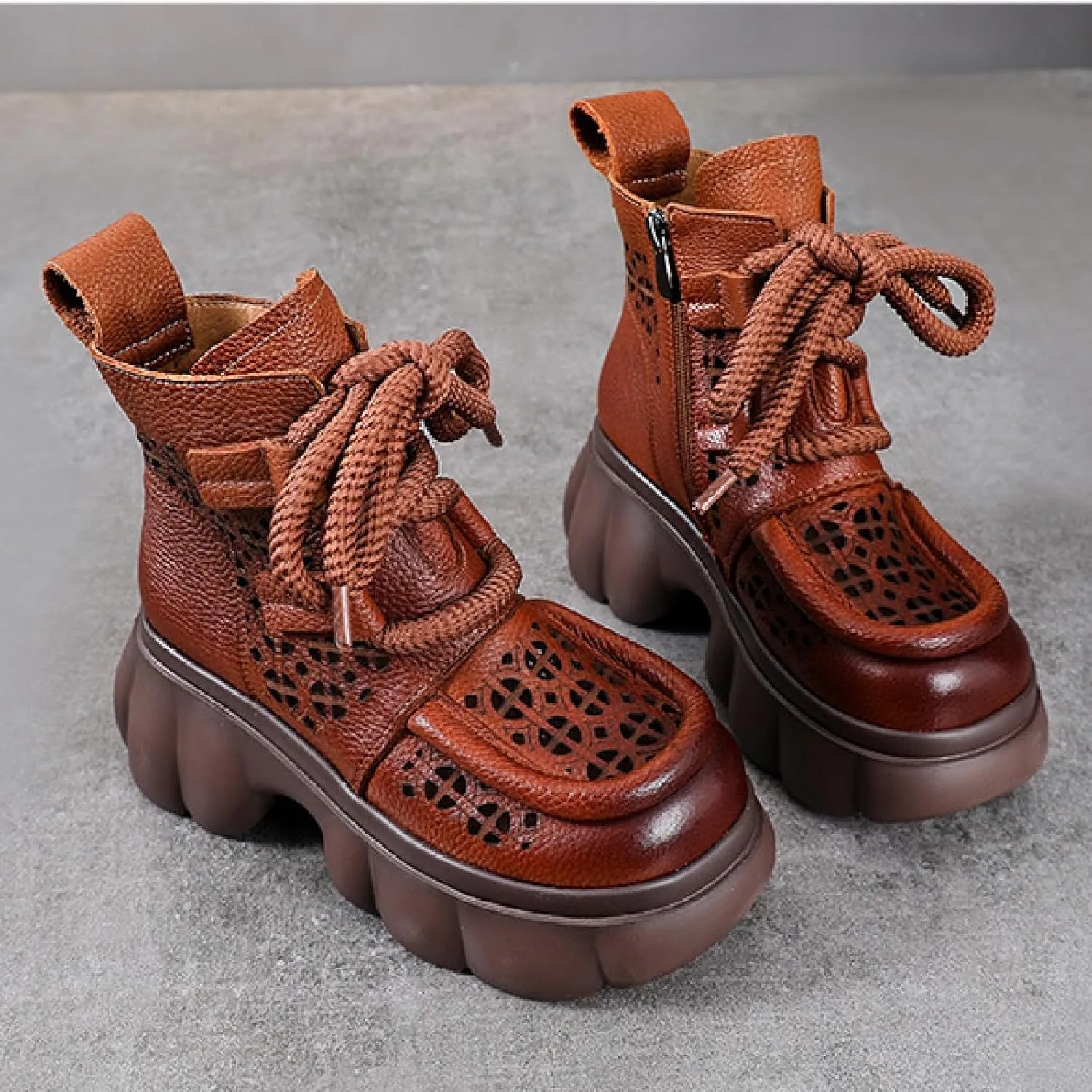 Women's Genuine Leather Lace Up Platform Gladiator Sandals With Side Zipper Comfortable Breathable Closed Toe Lug Sole Chunky Heel Summer Hollow Y2K Ankle Boots