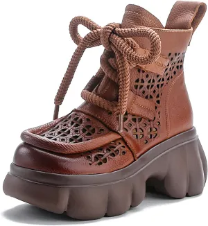 Women's Genuine Leather Lace Up Platform Gladiator Sandals With Side Zipper Comfortable Breathable Closed Toe Lug Sole Chunky Heel Summer Hollow Y2K Ankle Boots