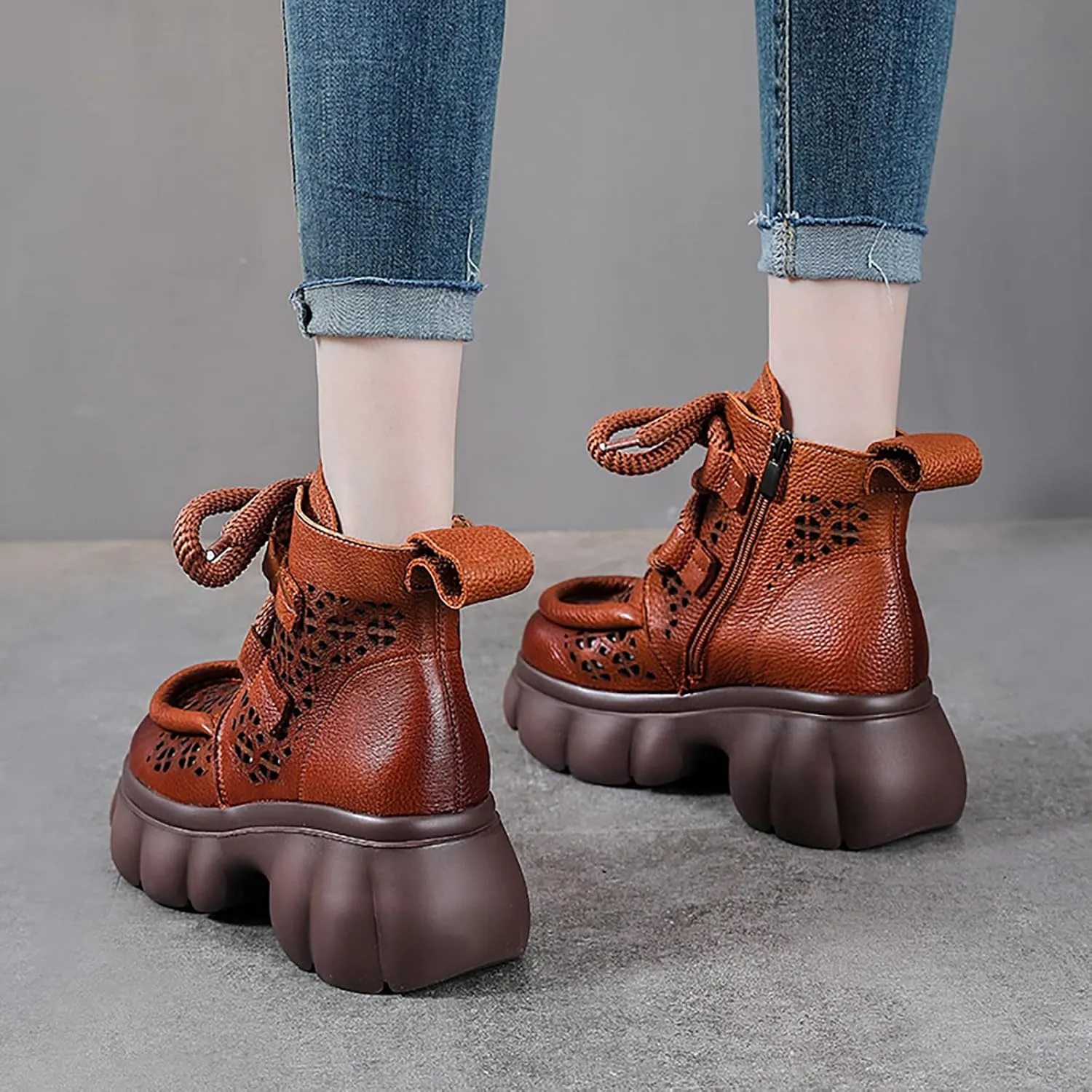 Women's Genuine Leather Lace Up Platform Gladiator Sandals With Side Zipper Comfortable Breathable Closed Toe Lug Sole Chunky Heel Summer Hollow Y2K Ankle Boots