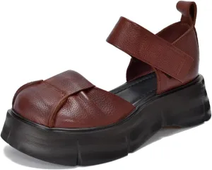 Women's Genuine Leather Platform Vintage Roman Sandals With Adjustable Hook And Loop Closed Round Toe Chunky Platform Comfortable Anti-Slip Hollow Out Casual Walking Sandals (4.5,brown)