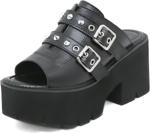 Women's Gothic Y2K Platform Sandals - Chunky Heel Slip-On Leather Peep Toe with Metal Buckle & Rivet Details | Summer Comfort Breathable Design for Casual Fashion
