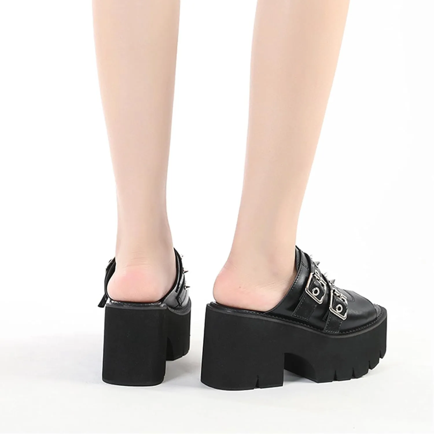 Women's Gothic Y2K Platform Sandals - Chunky Heel Slip-On Leather Peep Toe with Metal Buckle & Rivet Details | Summer Comfort Breathable Design for Casual Fashion