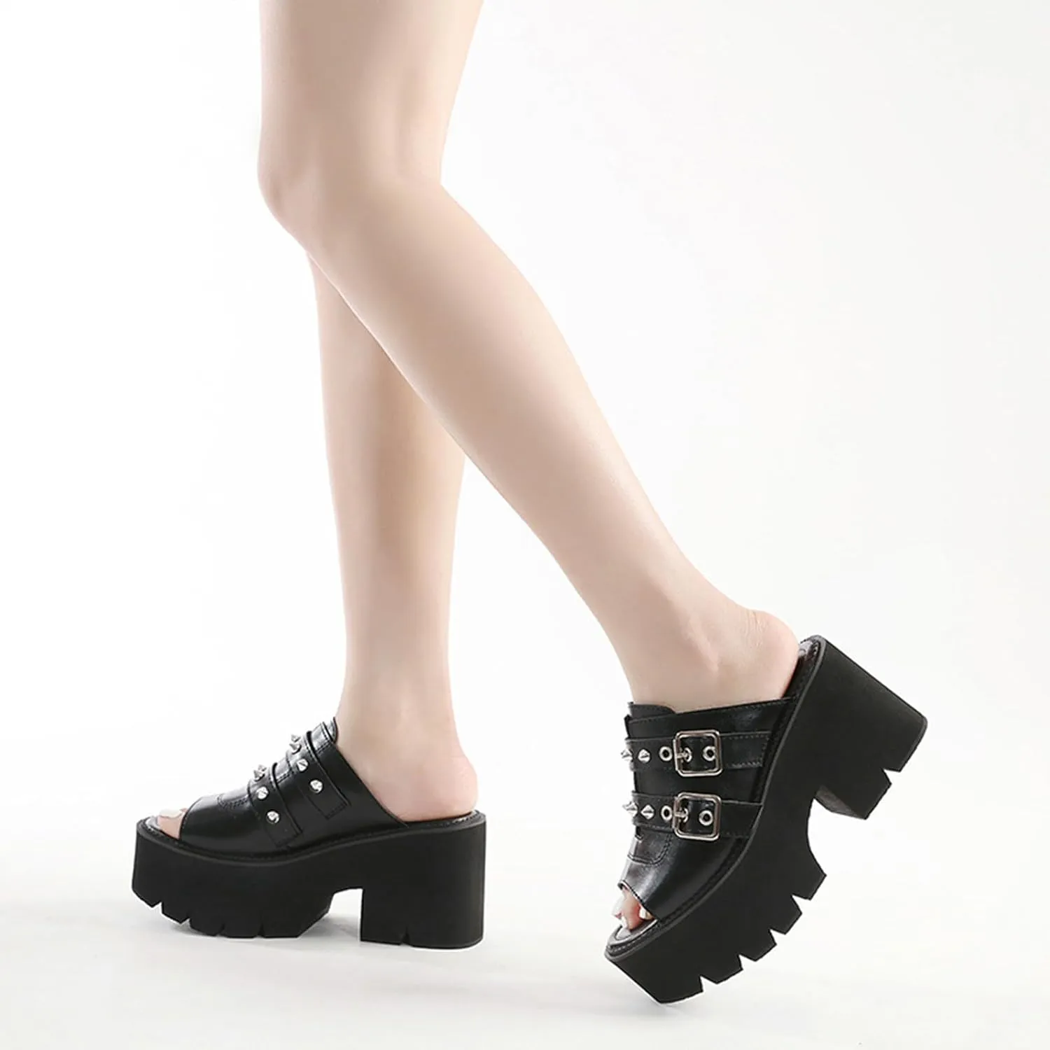 Women's Gothic Y2K Platform Sandals - Chunky Heel Slip-On Leather Peep Toe with Metal Buckle & Rivet Details | Summer Comfort Breathable Design for Casual Fashion