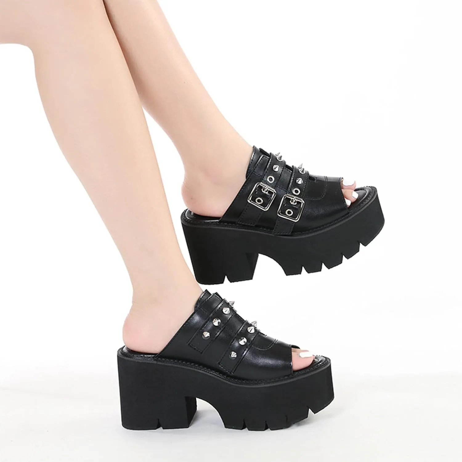 Women's Gothic Y2K Platform Sandals - Chunky Heel Slip-On Leather Peep Toe with Metal Buckle & Rivet Details | Summer Comfort Breathable Design for Casual Fashion