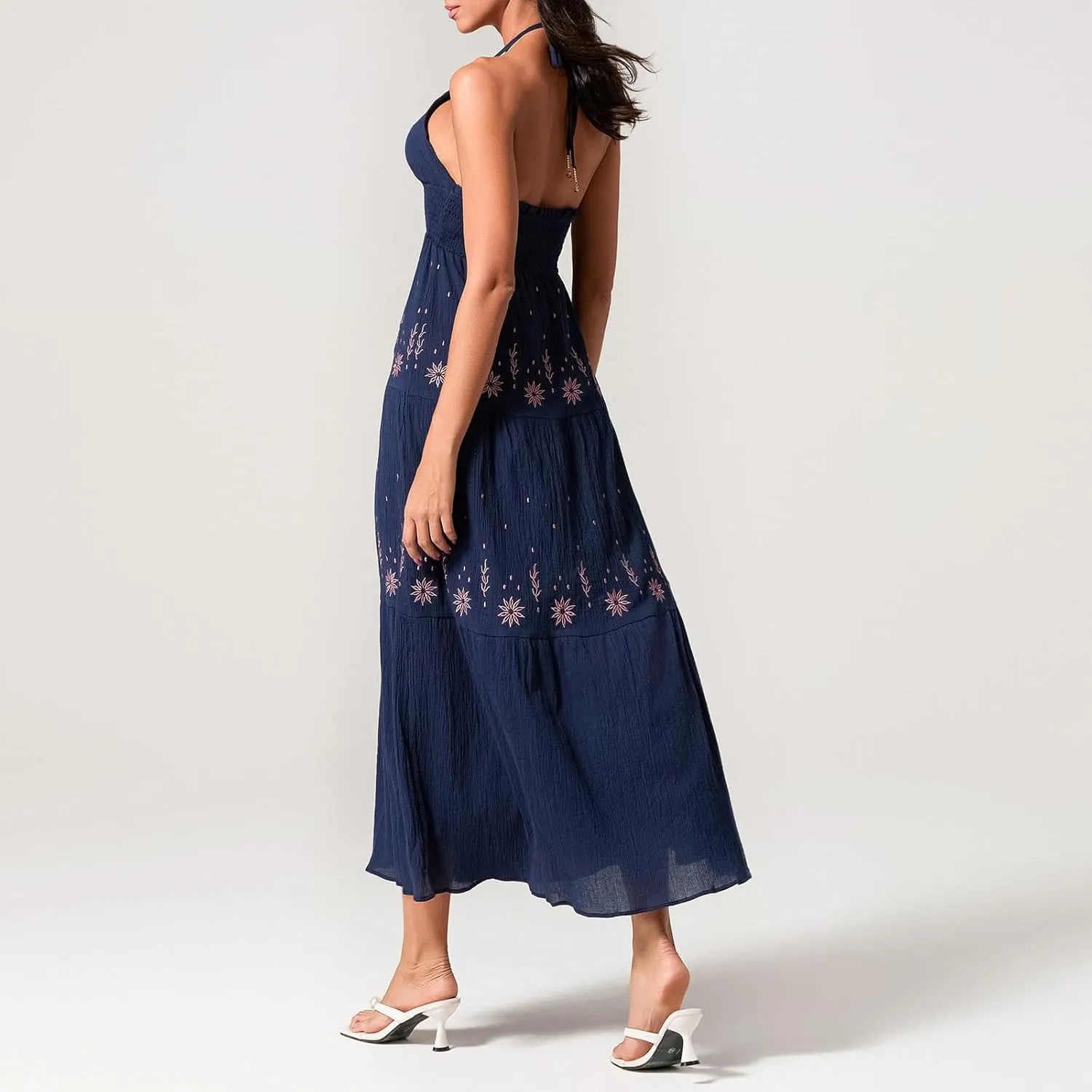 Women's Halter Neck Cami Long Dress Deep V Neck Backless Floral Embroidery Maxi Dress Summer Beach Vacation Sundress