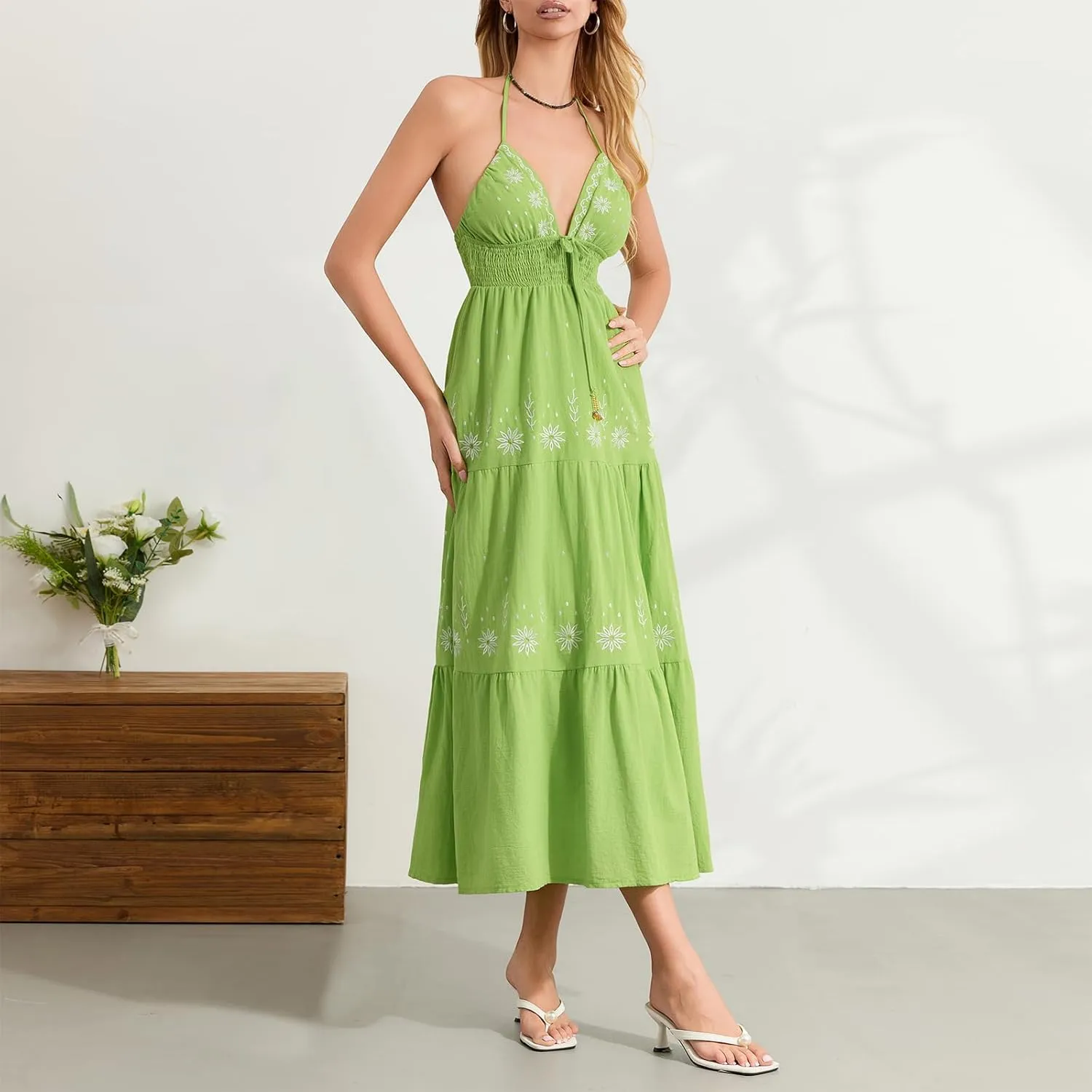 Women's Halter Neck Cami Long Dress Deep V Neck Backless Floral Embroidery Maxi Dress Summer Beach Vacation Sundress