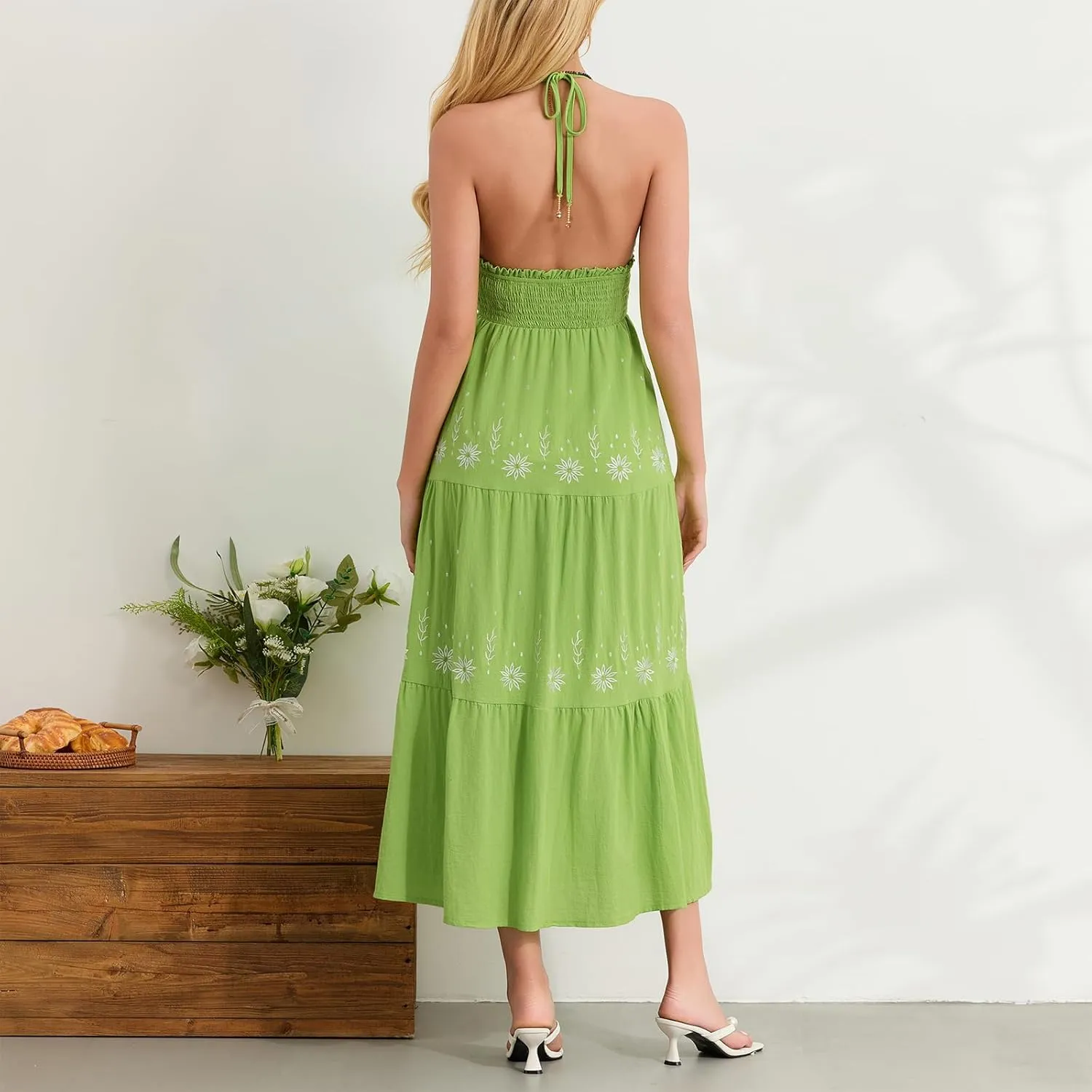 Women's Halter Neck Cami Long Dress Deep V Neck Backless Floral Embroidery Maxi Dress Summer Beach Vacation Sundress