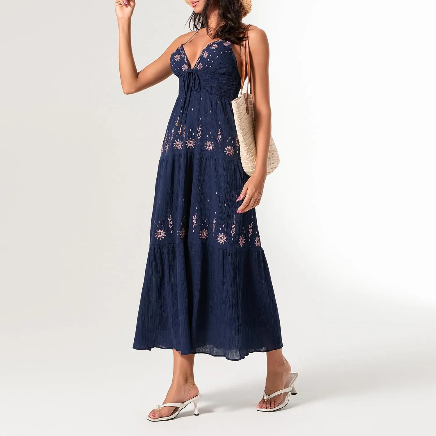 Women's Halter Neck Cami Long Dress Deep V Neck Backless Floral Embroidery Maxi Dress Summer Beach Vacation Sundress