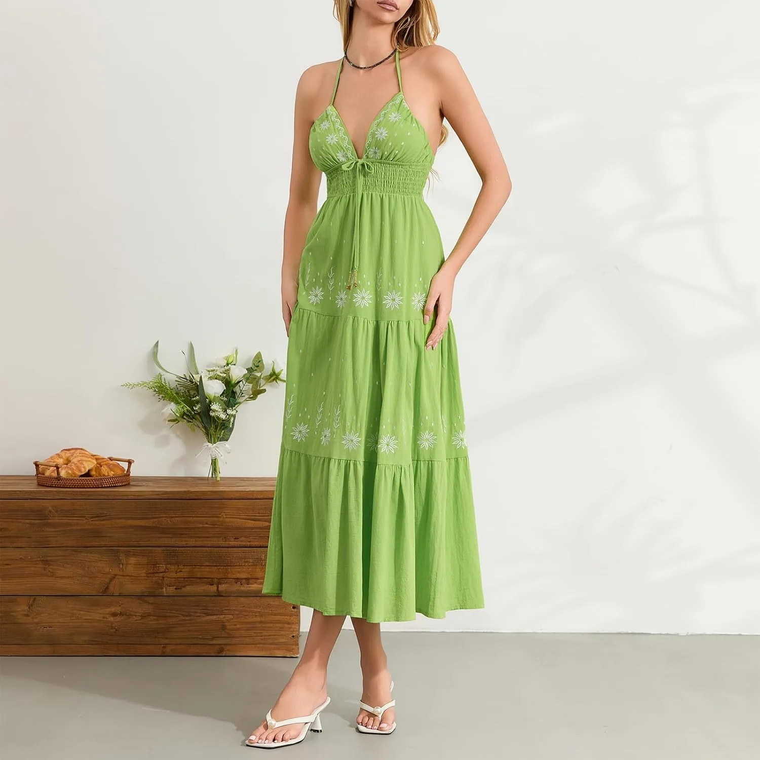 Women's Halter Neck Cami Long Dress Deep V Neck Backless Floral Embroidery Maxi Dress Summer Beach Vacation Sundress