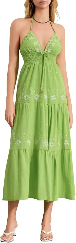 Women's Halter Neck Cami Long Dress Deep V Neck Backless Floral Embroidery Maxi Dress Summer Beach Vacation Sundress