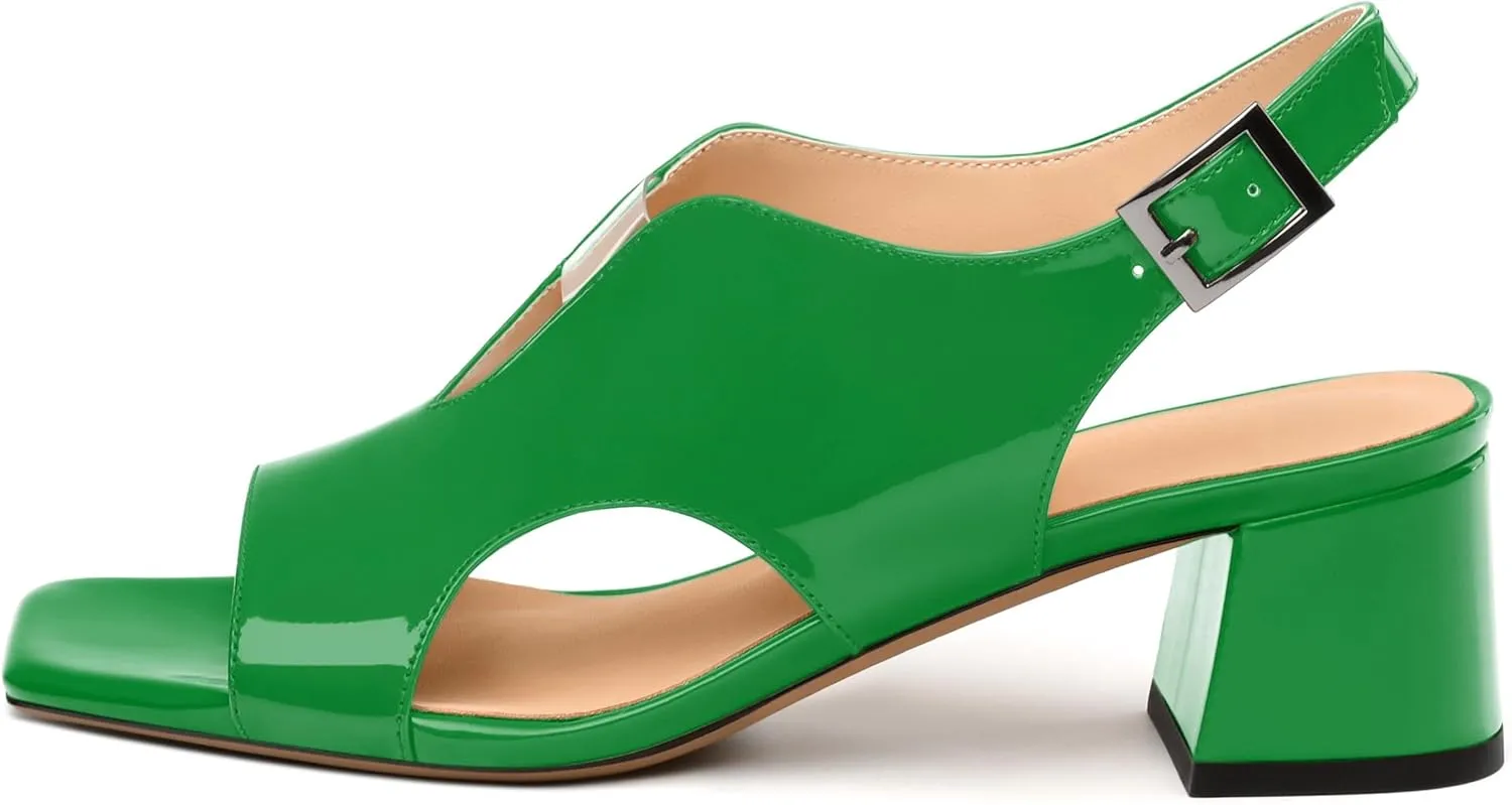 Womens Heeled Sandals, Square Peep Toe Mid Block Heel Slingback Sandals for Women, Leather Insole Chunky Heel Sandals with Buckle 2"