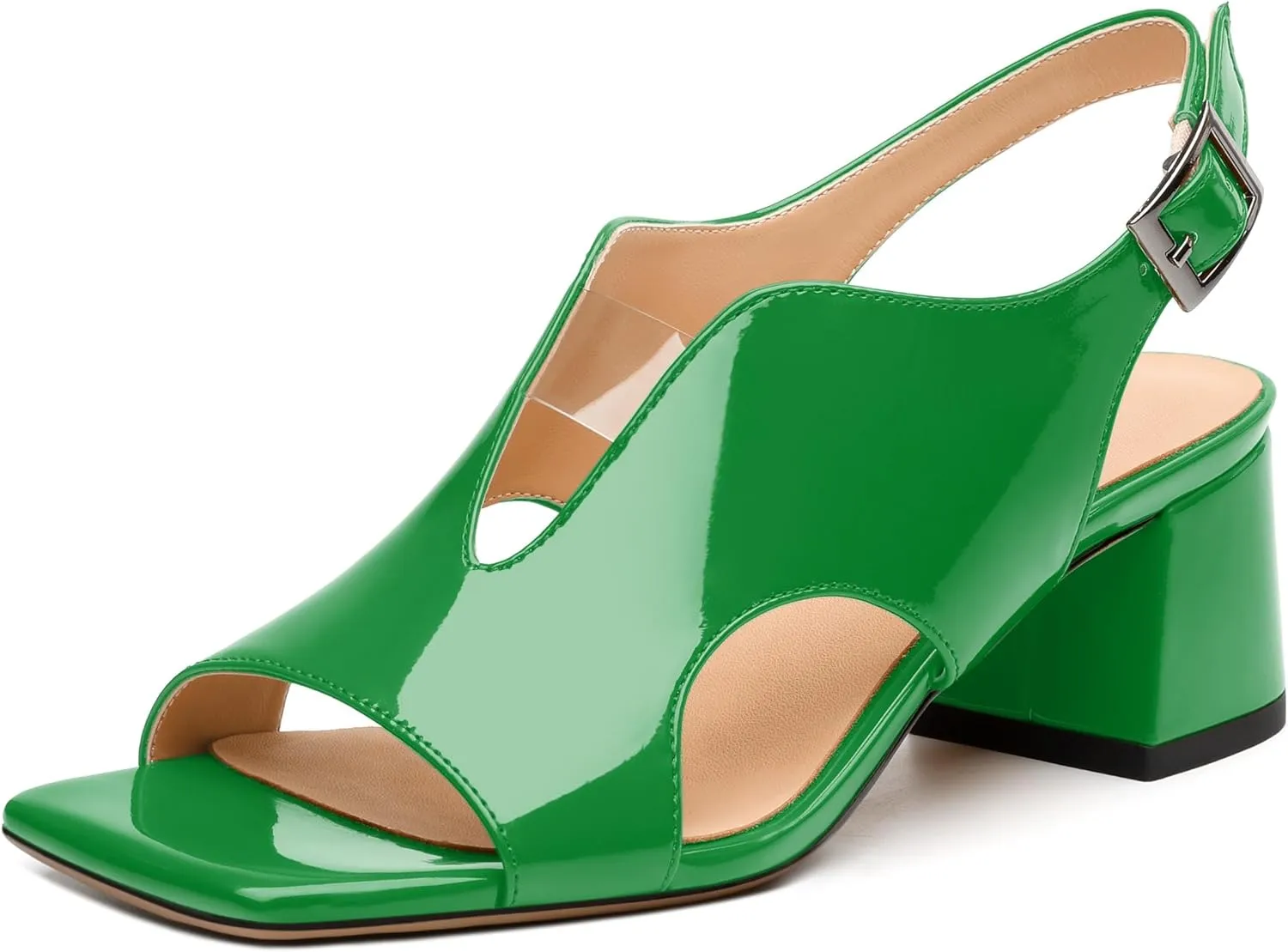 Womens Heeled Sandals, Square Peep Toe Mid Block Heel Slingback Sandals for Women, Leather Insole Chunky Heel Sandals with Buckle 2"