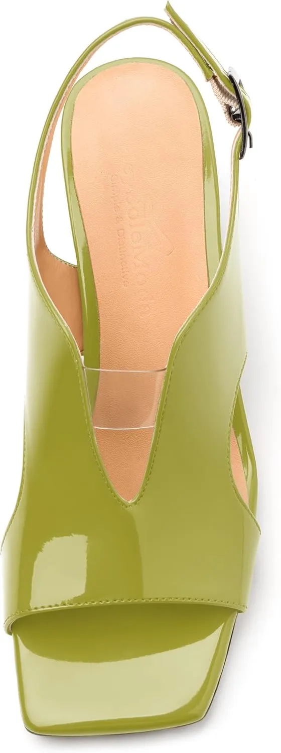 Womens Heeled Sandals, Square Peep Toe Mid Block Heel Slingback Sandals for Women, Leather Insole Chunky Heel Sandals with Buckle 2"