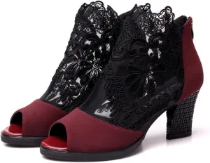 Women's Lace Flowers Open Toe Chunky High Heel Sandals Back Zipper Cutout Breathable Non-Slip Block Heel Short Ankle Bootie Fashion Wedding Party Dress Shoes