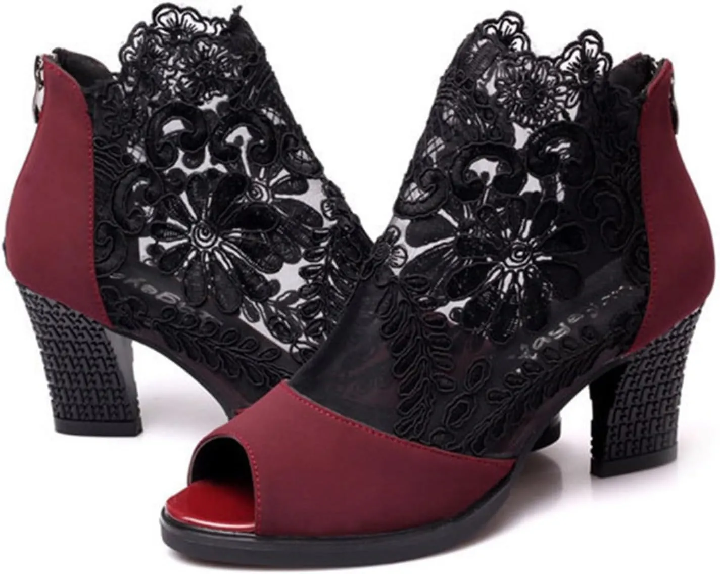 Women's Lace Flowers Open Toe Chunky High Heel Sandals Back Zipper Cutout Breathable Non-Slip Block Heel Short Ankle Bootie Fashion Wedding Party Dress Shoes