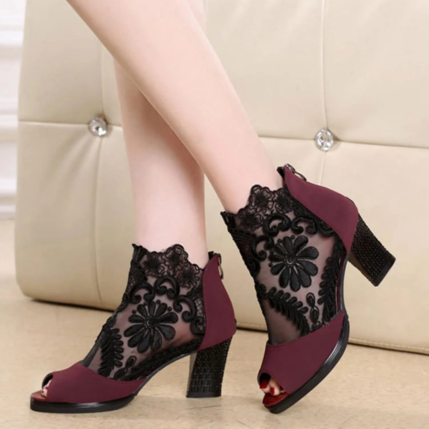 Women's Lace Flowers Open Toe Chunky High Heel Sandals Back Zipper Cutout Breathable Non-Slip Block Heel Short Ankle Bootie Fashion Wedding Party Dress Shoes