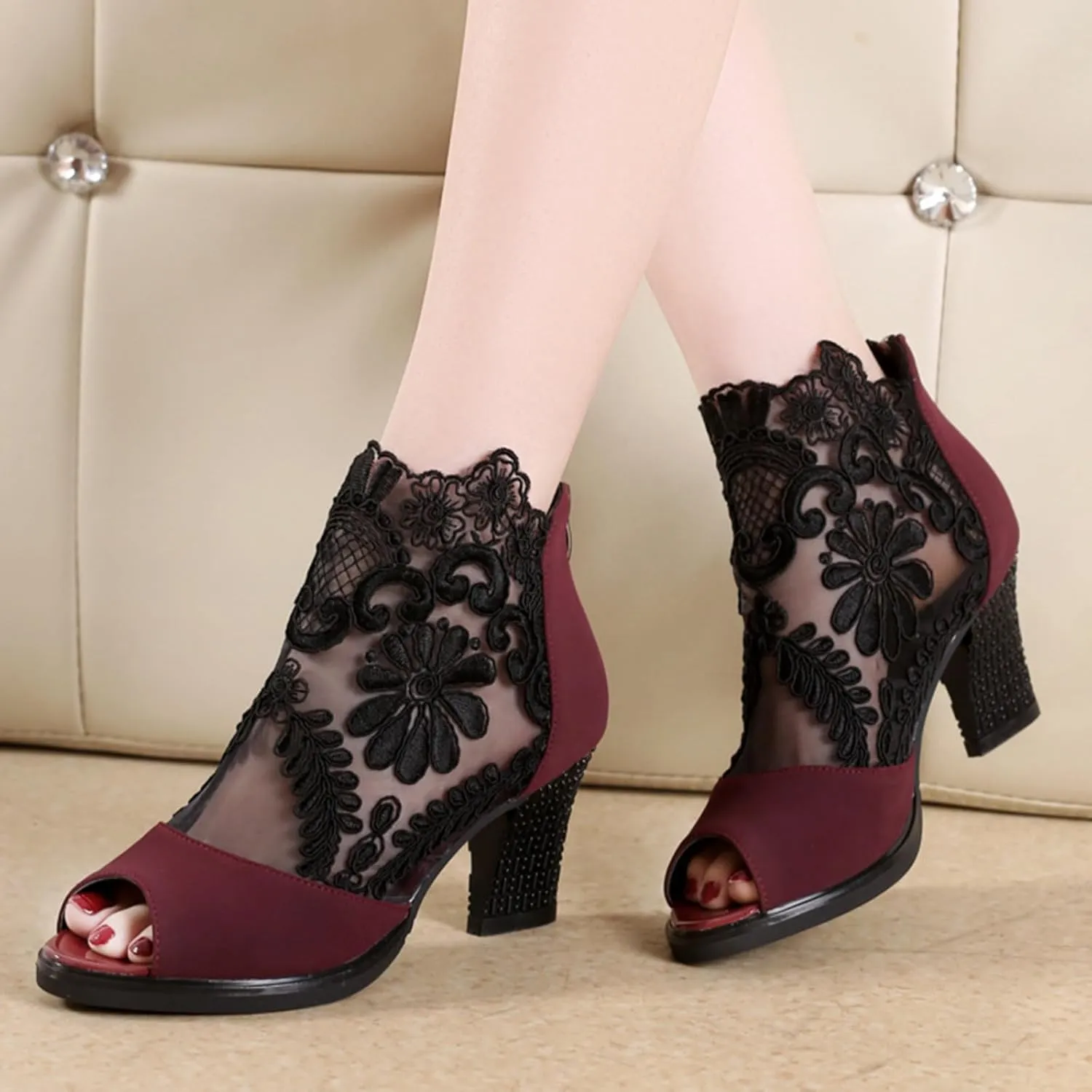 Women's Lace Flowers Open Toe Chunky High Heel Sandals Back Zipper Cutout Breathable Non-Slip Block Heel Short Ankle Bootie Fashion Wedding Party Dress Shoes