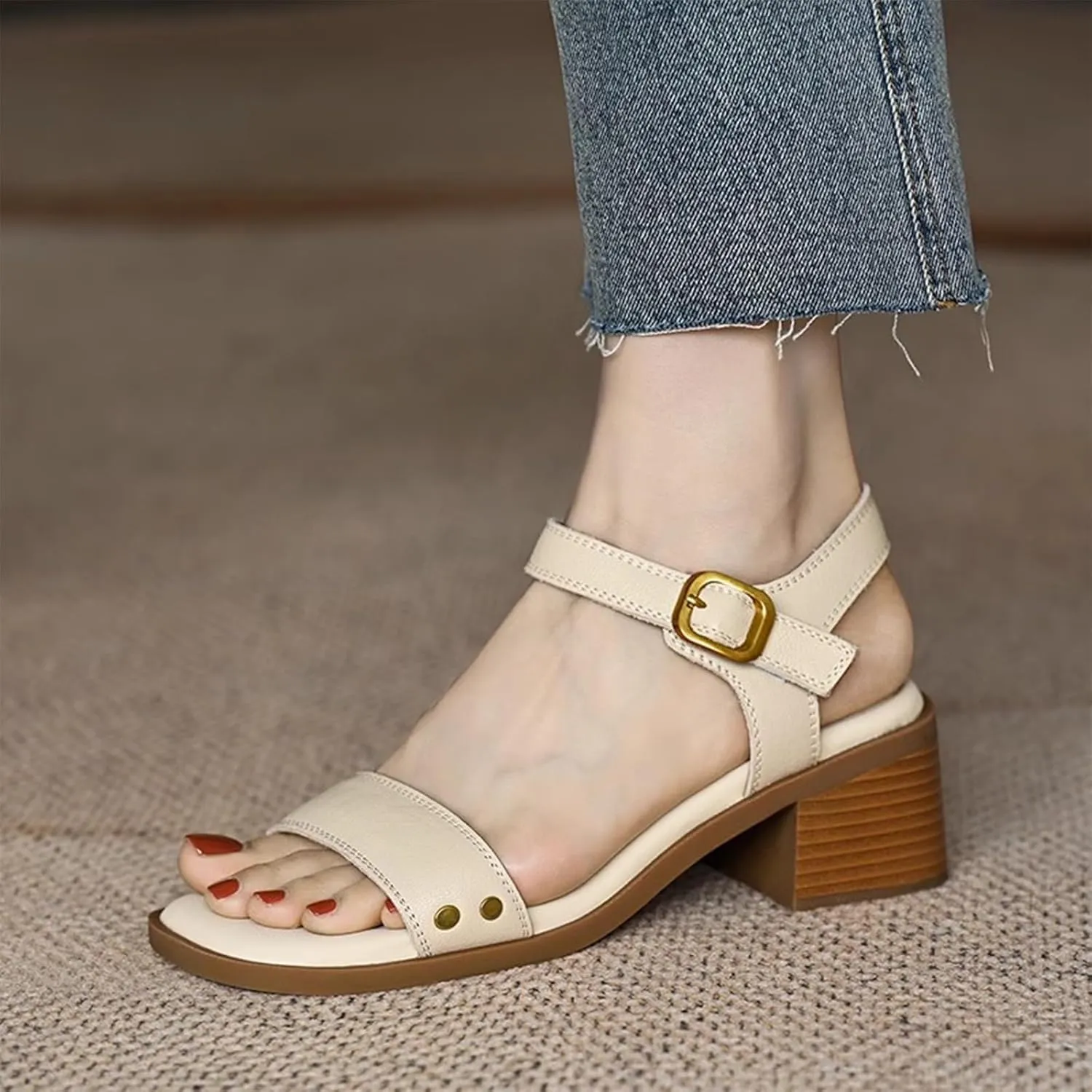 Womens Leather Adjust Ankle Buckle Chunky Heel Sandals Retro Comfortable Square Peep Toe Mid Block Heel Slingback Sandals for Travel Party Dressy