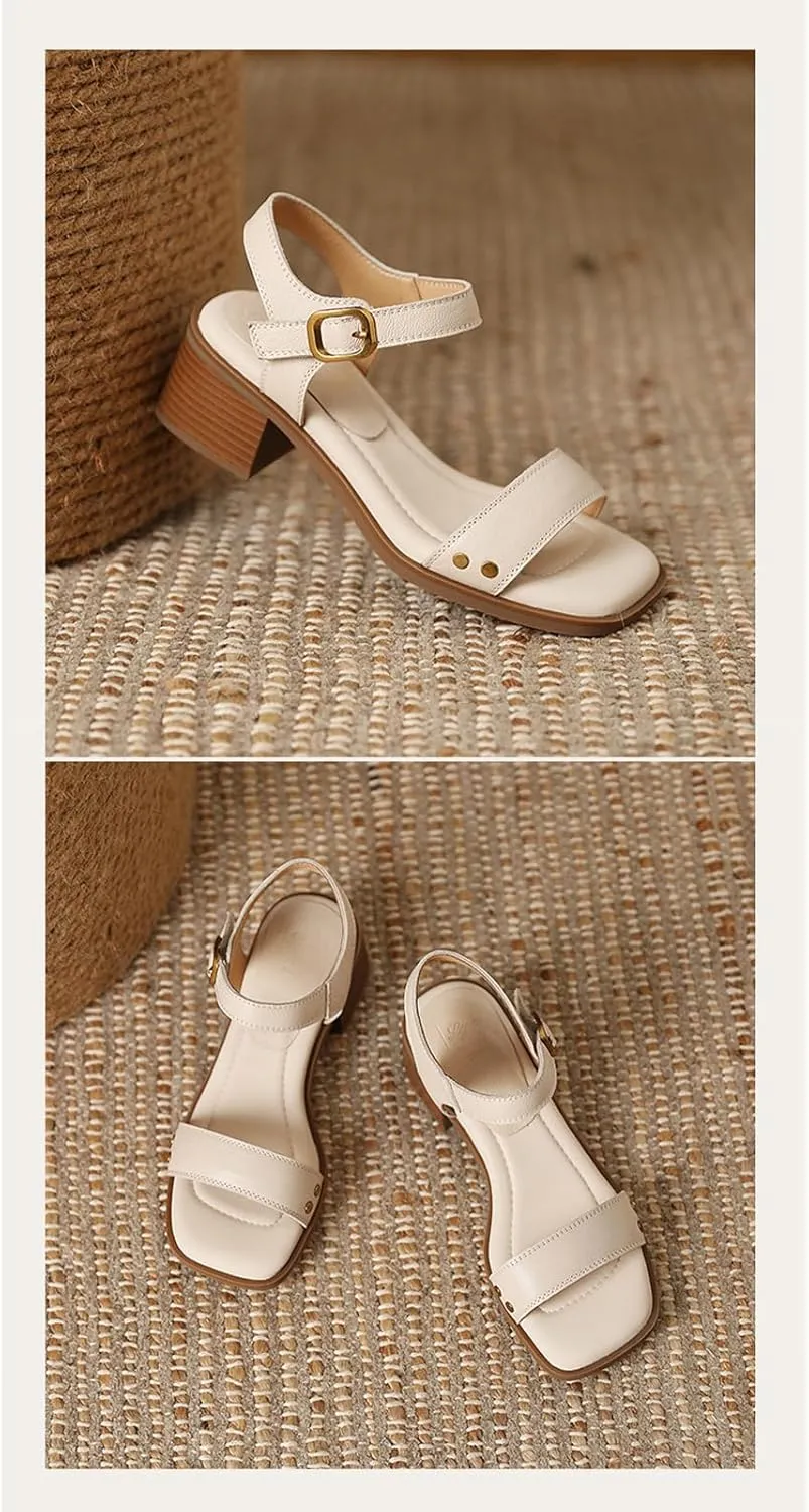 Womens Leather Adjust Ankle Buckle Chunky Heel Sandals Retro Comfortable Square Peep Toe Mid Block Heel Slingback Sandals for Travel Party Dressy