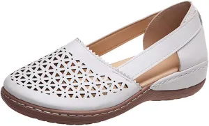 Women's Leather Baotou Hollow Wedge Sandals,Summer Round Closed Toe Low Heel Sandals,Comfortable Breathable Elastic Sandals.