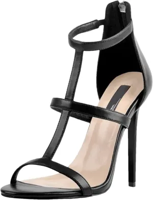 Women's Matte Black Stiletto Sandals, Triple Strap Back Zipper Slim Heels