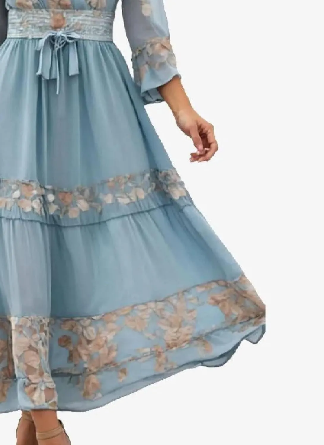 Womens Maxi Dress V-Neck Long Sleeve Floral Print Blue Belted High Waist Breezy 2025 Spring Summer Casual Dress