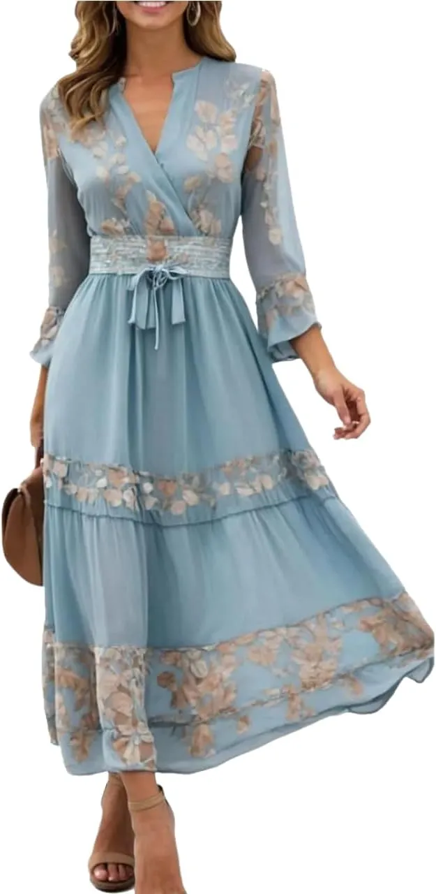 Womens Maxi Dress V-Neck Long Sleeve Floral Print Blue Belted High Waist Breezy 2025 Spring Summer Casual Dress