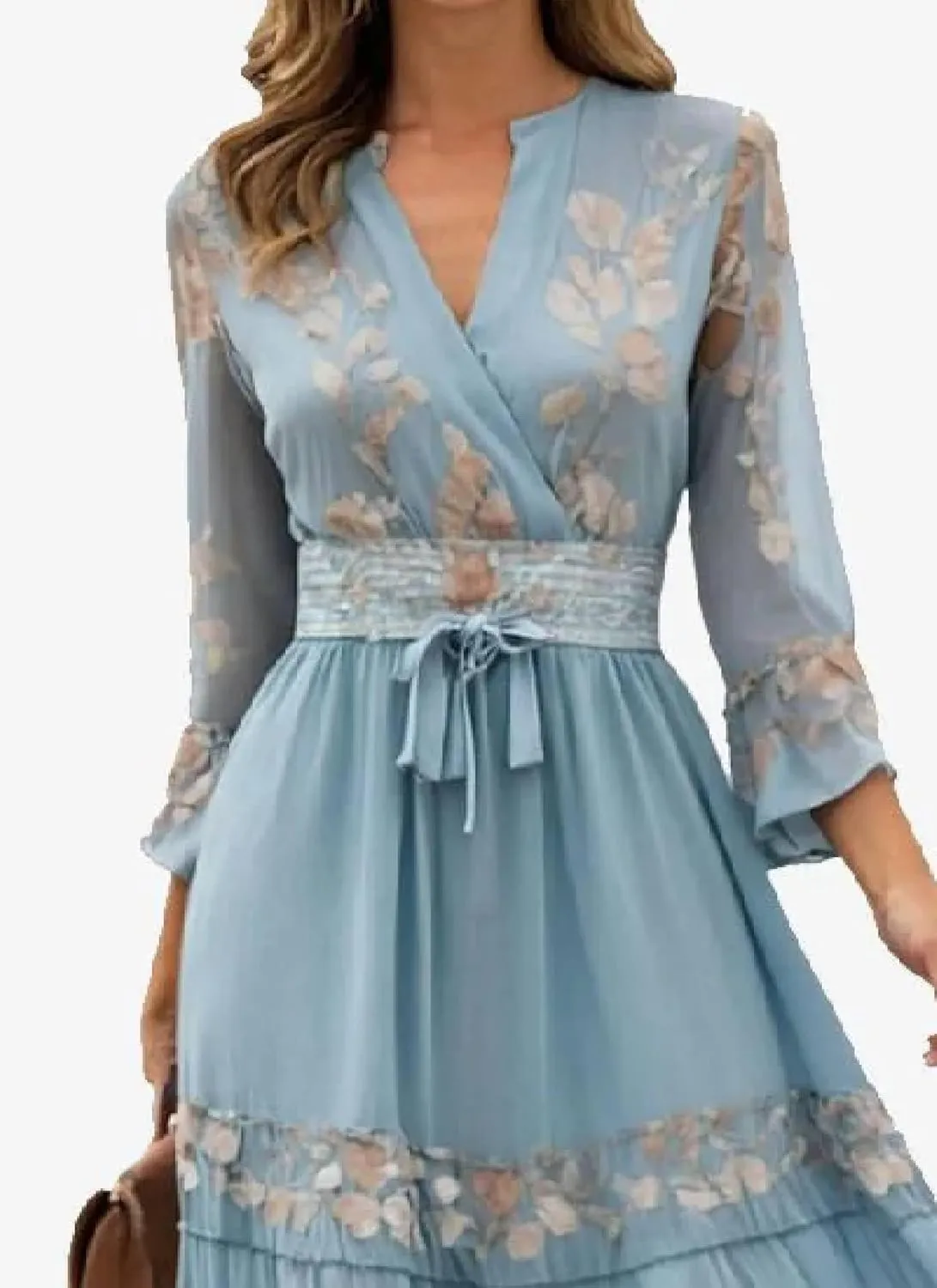 Womens Maxi Dress V-Neck Long Sleeve Floral Print Blue Belted High Waist Breezy 2025 Spring Summer Casual Dress